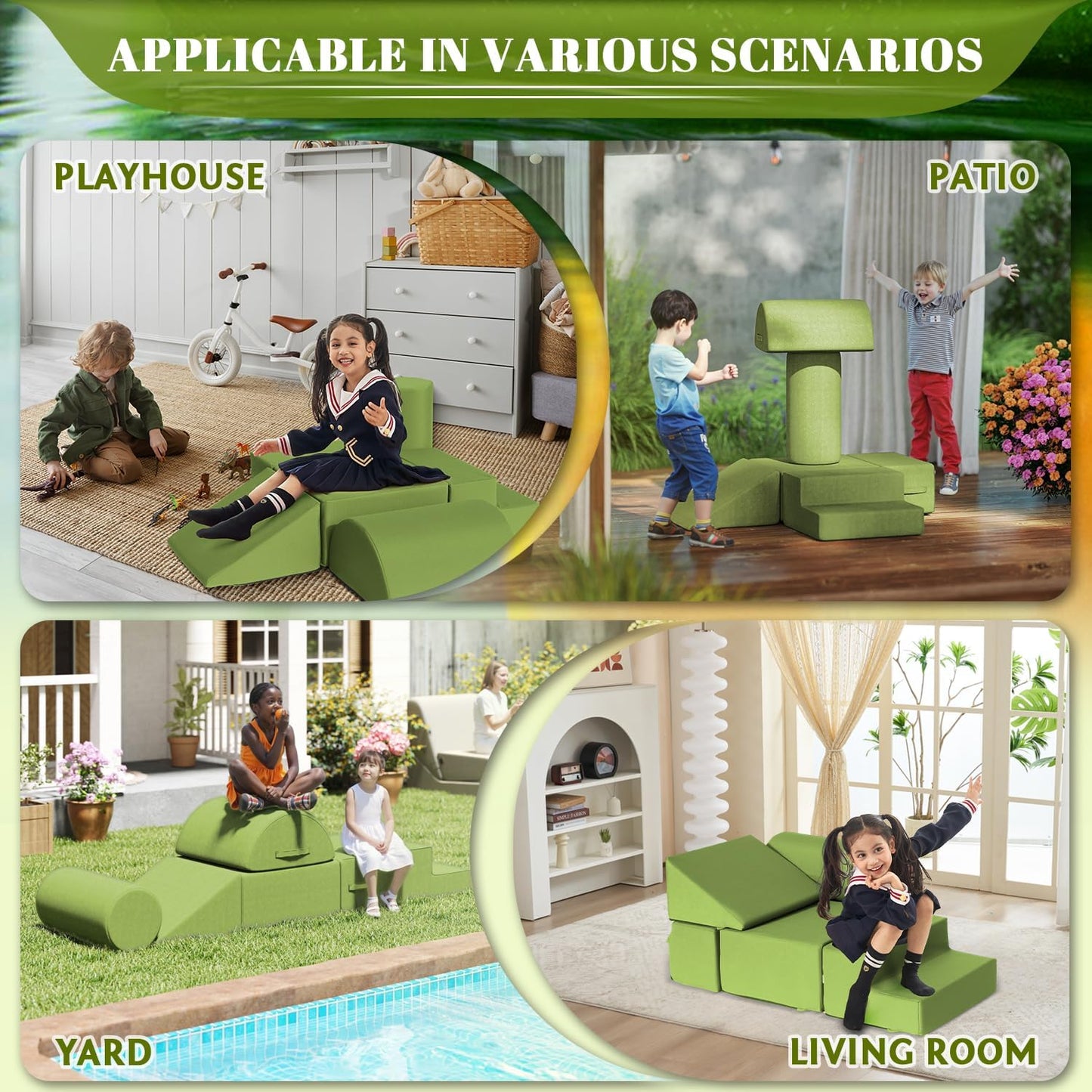 jela Foam Blocks 6Pcs Soft Play Equipment Waterproof Fabric, UV Resistant Toddler Climbing Toys Indoor& Outdoor Soft Play Climbing for Toddlers, Lightweight Climbing Blocks for Babies, Kids (Green)