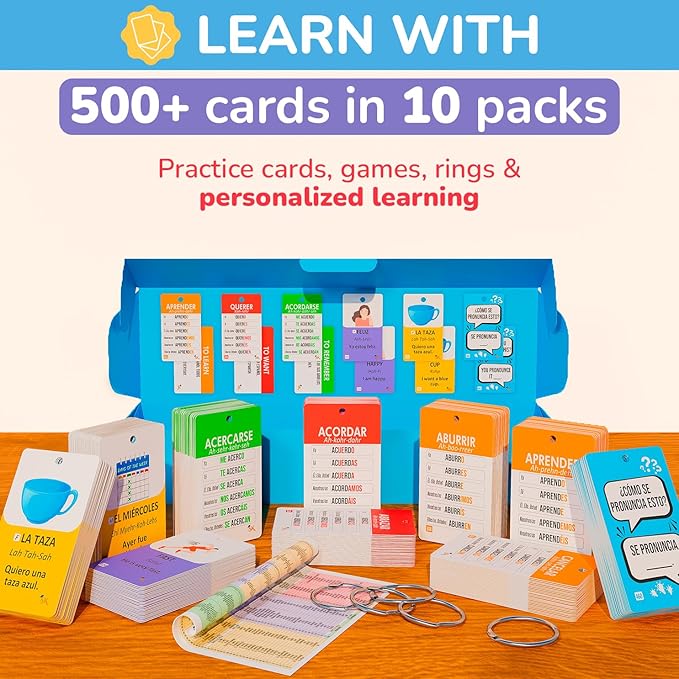 500+ Spanish Vocabulary Flash Cards for Adults & Kids Ages 15+ - Verb Conjugation, Nouns, Adjectives & Phrases to Learn Spanish for Adult Beginners Flashcards