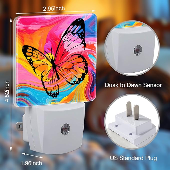 Butterfly Night Light Colorful Marble Plug in Night Lights LED Lamp with Dusk to Dawn Sensor Auto Energy Saving Square Lights for Bedroom Bathroom Hallway Home Wall Decor Nightlight