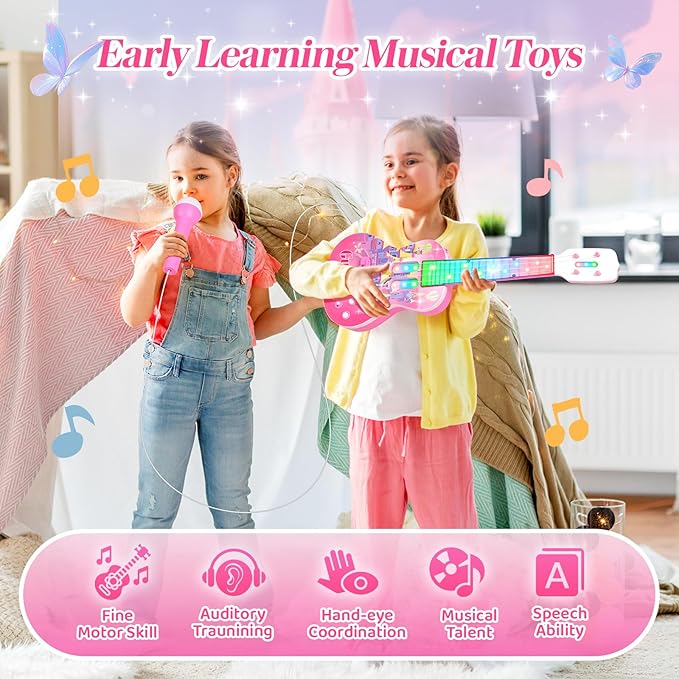 Kids Guitar and Microphone Playset, Musical Guitar Play Set with Adjustable Stand,Toy Guitar Starter Kit with 4 Strings, Electric Guitar Karaoke Toys with Music Lights for Boys Girls