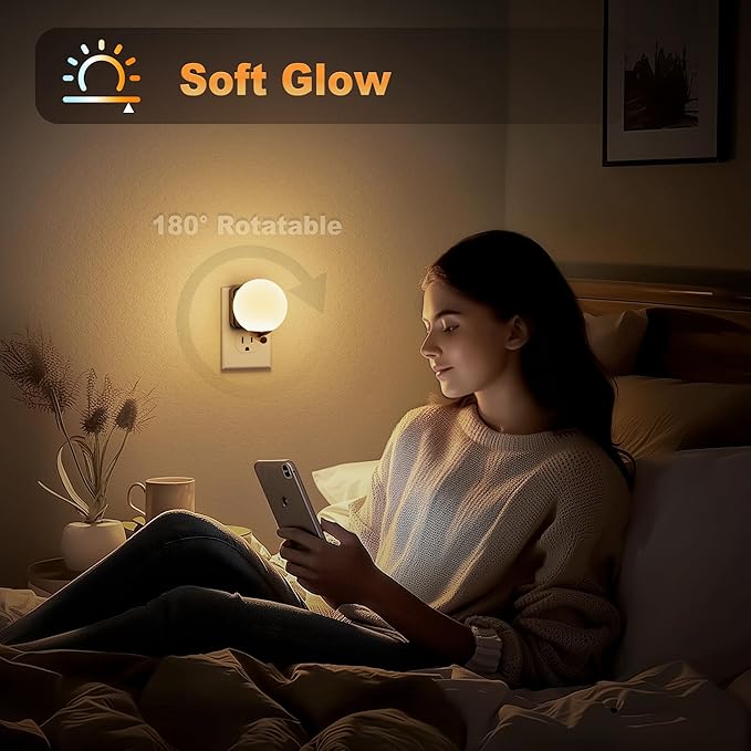 JandCase LED Night Light, 3000K Warm Night Lights Plug into Wall, 0-100LM Dimmable Night Lights with Dusk to Dawn Light Sensor, 180° Rotatable Plug in Nightlights for Bathroom, Bedroom, Hallway