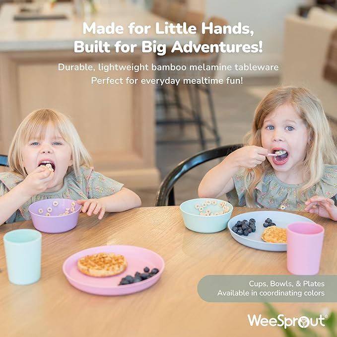 WeeSprout Bamboo Kids Bowls, Set of Four 15 oz Kid-Sized Dinnerware, Cereal, Leftovers & Snack Bowl, Dishwasher Safe (Pink, Green, Gray, & Beige)