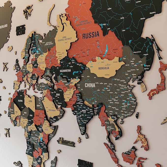 Colorfull Worlds 3D Wooden World Map Wall Art - Premium Multicolored World Travel Map for Wall Decor with Push Pins- Ideal Housewarming Gift & Travel Tracker (Medium, Sage)