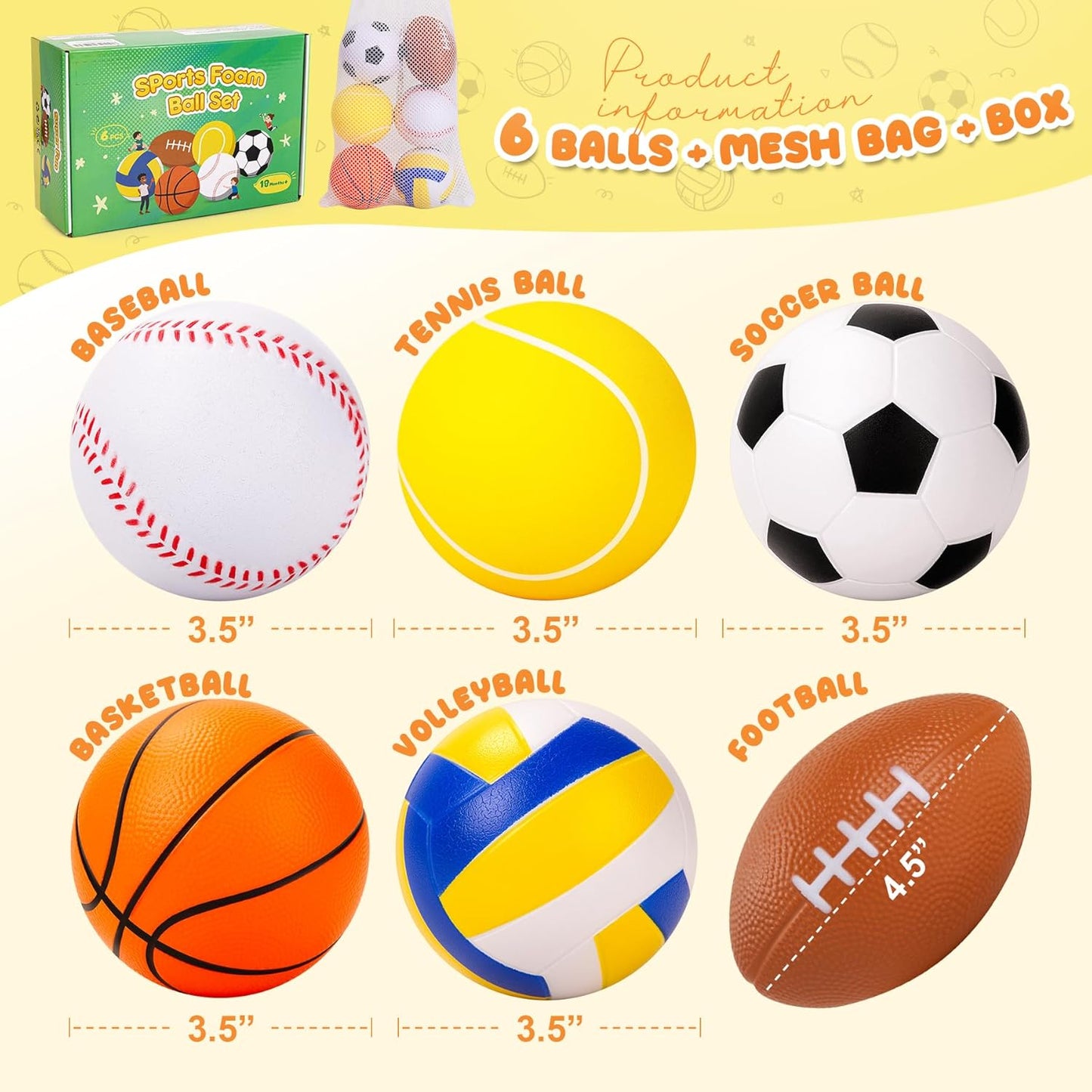 Balls for Toddlers Babies, Soft Baby Toys, 6 Pack 3.5" Foam Balls Kids Sports Set, Small Soccer Basketball Baseball Football Volleyball Tennis, Indoor Outdoor Toys Games Gifts for Boys Girls