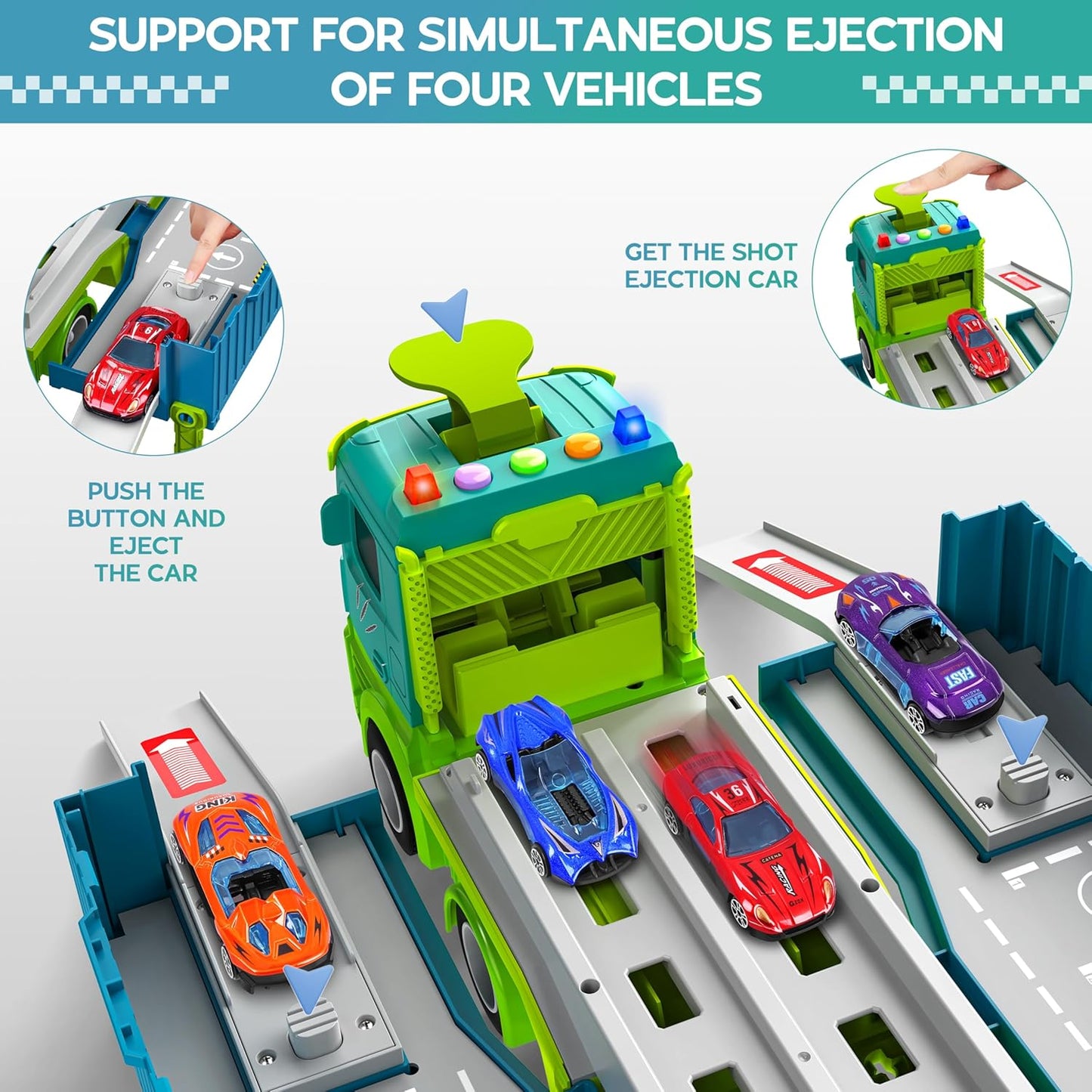 Carrier Truck Race Track Toddler Toys, Foldable 3 Layer Toddler Track Playset, Dinosaur Toy Truck Transport Car Carrier & 8 Race Cars, Truck Car Kids Toy Gifts for Age 3 4 5 6+ Year Old Boys Girls