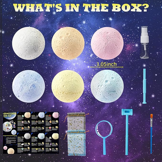 Hiawbon Gemstones Dig Kit, Dig up 6 Planets Find 12 Skulls & 18 Gems Dig Kit, Gem Digging Kit, Planet Space Dig Kit for Christmas Birthday Gifts