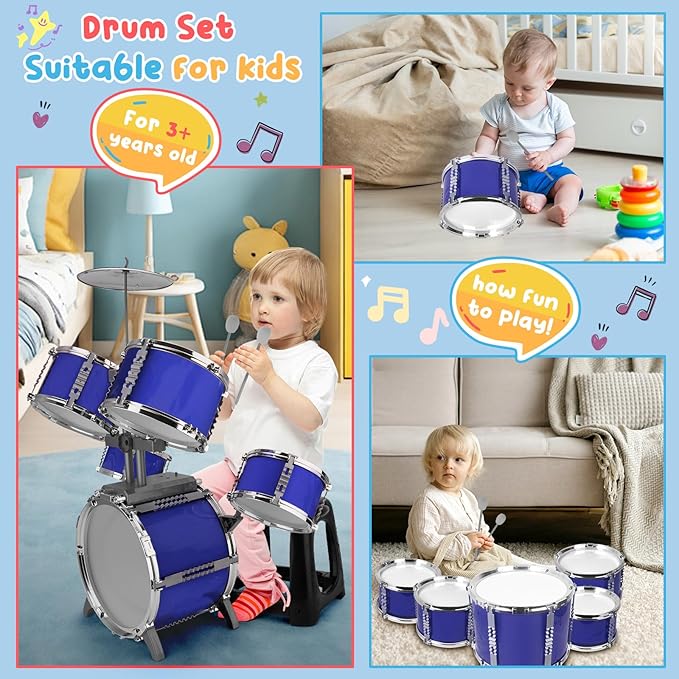 Upgraded Kids Drum Set for Toddlers 1-3 Plastic Musical Jazz Drum Instruments Kit Birthday Musical Learning Toys for 4 5 6 Boys Girls