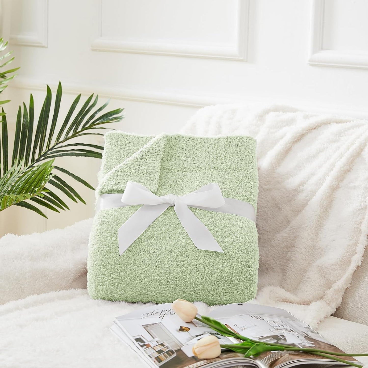 CYMULA Knit Throw Blanket for Mint Green - Super Soft Lightweight Plush Fuzzy Fluffy Cozy Blankets and Throws for Sofa Bed, 50 x 60 inches