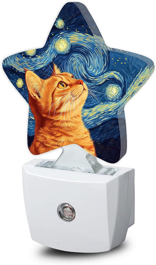 Starry Night Cat Night Lights Plug Into Wall,Abstract Oil Painting Star Night Light for Kids,Nightlight with Dusk to Dawn Smart Sensor for Bedroom Bathroom Decor,Children Women Men Gift