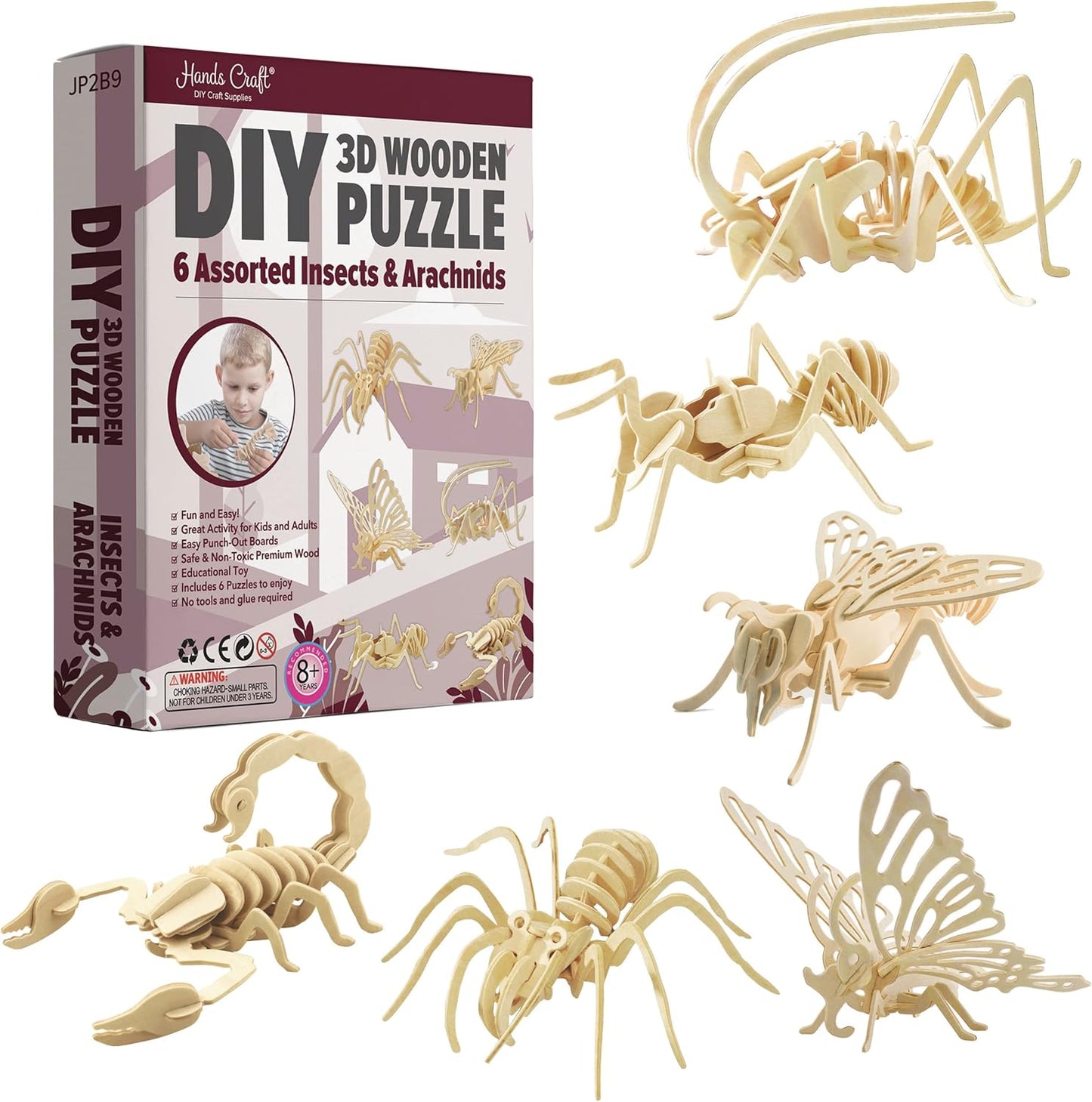 Hands Craft DIY 3D Wooden Puzzle – 6 Assorted Insects & Arachnids Bundle Pack Brain Teaser Puzzles Educational STEM Toy Adults and Kids to Build Safe and Non-Toxic Easy Punch Out Premium Wood JP2B9