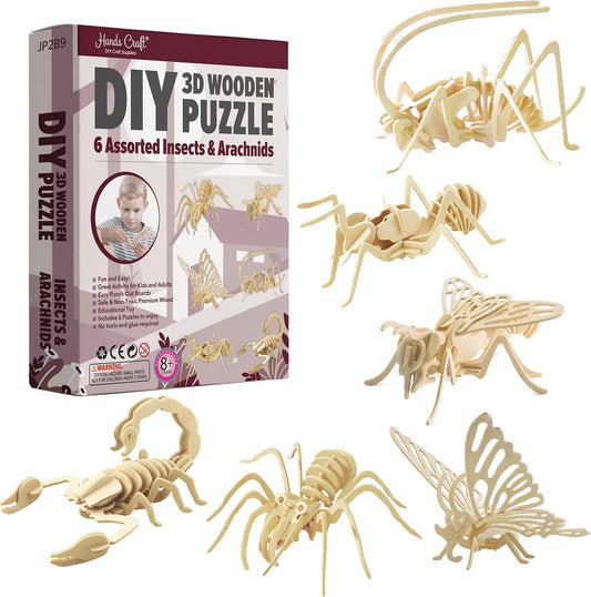 Hands Craft DIY 3D Wooden Puzzle – 6 Assorted Insects & Arachnids Bundle Pack Brain Teaser Puzzles Educational STEM Toy Adults and Kids to Build Safe and Non-Toxic Easy Punch Out Premium Wood JP2B9