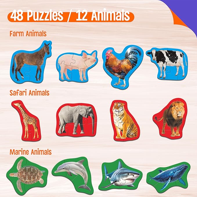 12 Pack Animal Puzzles, 48 Pieces Step-by-Step Farm/Marine/Safari Animal Jigsaws, Realistic Animal Jigsaw Puzzles with Name Guide Early Learning for Beginner Preschool Toddlers 3+ Years Old