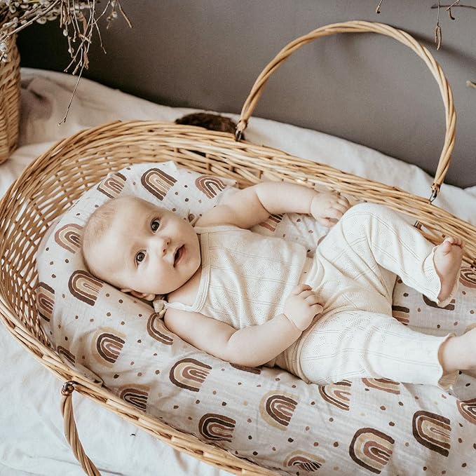 Muslin Bassinet Fitted Sheets, 2 Pack for Baby Boy and Girl, Soft Breathable Stretchy Baby Pad/Mattress Sheet Set, Universal Fit for Hourglass Oval and Rectangle Bassinet Mattress (Cute Rainbow)