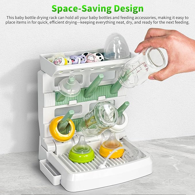 Baby Bottle Drying Rack for 6 Bottles, Vertical Cup Drying Holder, Space Saving Countertop Standing Bottle Dryer Rack for Baby Accessories & Pump Parts（Small White&Green）
