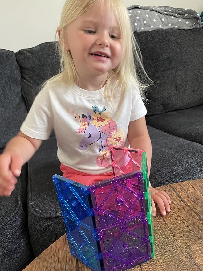 CreateOn Crayola Magnetic Tiles, Building Set for Kids, Magnetic Toys for Kids, Travel Toys, Classroom Sensory Toy Blocks, STEM & Montessori Tools for Boys & Girls Ages 3+, 14-Piece Set (Glitter)