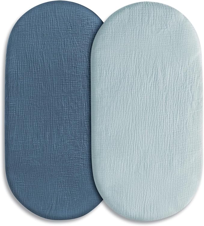 Muslin Bassinet Fitted Sheets, 2 Pack for Baby Boy and Girl, Soft Breathable Stretchy Baby Pad/Mattress Sheet Set, Universal Fit for Hourglass Oval and Rectangle Bassinet Mattress (Bright Colors)