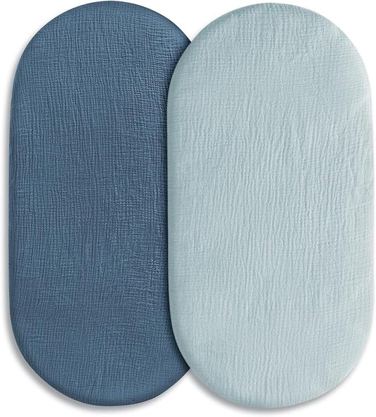 Muslin Bassinet Fitted Sheets, 2 Pack for Baby Boy and Girl, Soft Breathable Stretchy Baby Pad/Mattress Sheet Set, Universal Fit for Hourglass Oval and Rectangle Bassinet Mattress (Bright Colors)