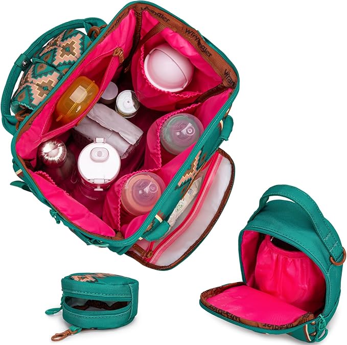 Montana West Wrangler Callie Diaper Bag Backpack with Pacifier Case, Crossbody Bottle Bag and Stroller Straps Western Pattern Multifunction Baby Travel Bag Set WG2215-9110TQ
