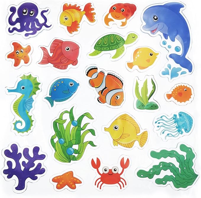 Tevxj Sea Animals 40pcs Thick Gel Clings, Multicolor Vinyl Decals for Kids, Reusable Window Stickers, Ocean Themed Party Supplies for Home, Car, Classroom, Nursery Decorations