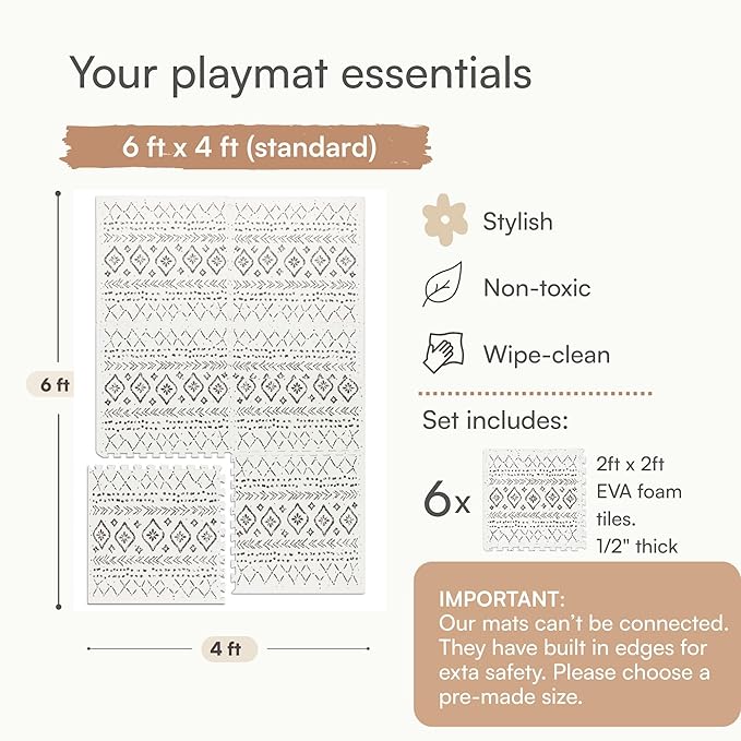 Baby Play Mat for Floor – 4x6ft Boho | Soft Non Toxic Premium EVA Foam Tiles for Tummy Time, Crawling & Playroom – Waterproof Interlocking Floor Mat for Babies & Toddlers by Lillefolk (6 Tiles)