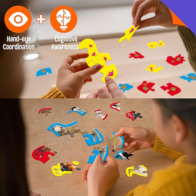 12 Pack Realistic Animal Puzzles, 48 Pieces Step-by-Step Animal Jigsaws, Farm Animal Jigsaw Puzzles with Back Footprint Guide Early Learning for Beginner Preschool Toddlers 3+