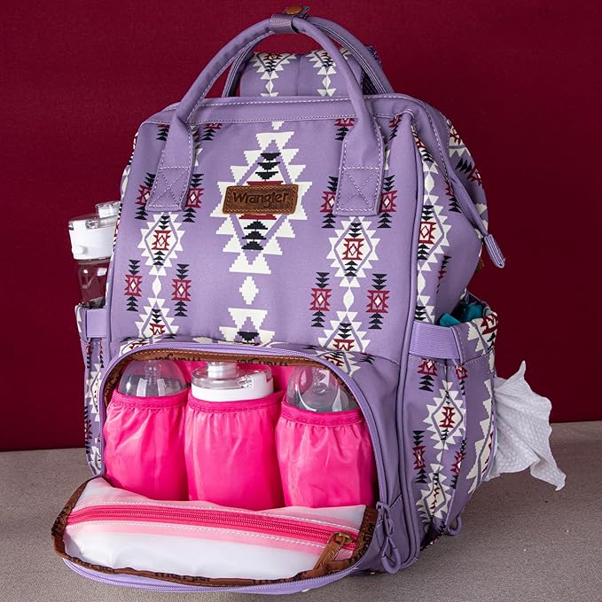 Wrangler Diaper Bag Backpack Aztec Travel Backpack Purses Western Multi-Function Baby Bags for Mom with Waterproof Insulated Pockets