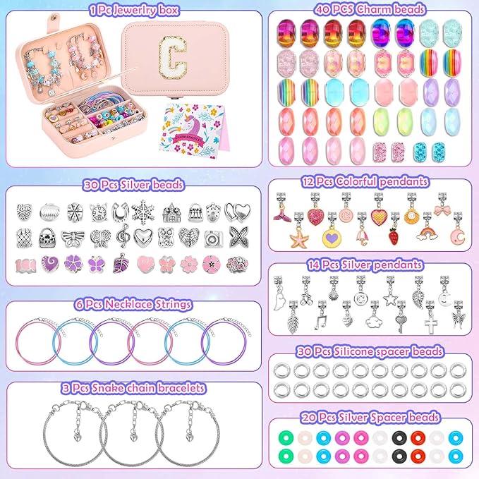 140 PCS Charm Bracelet Making Kit Cute Charm Beads for Jewelry Making DIY Bracelet Craft Kit for Valentine Christmas Birthday Gifts with Portable Bracelet Box