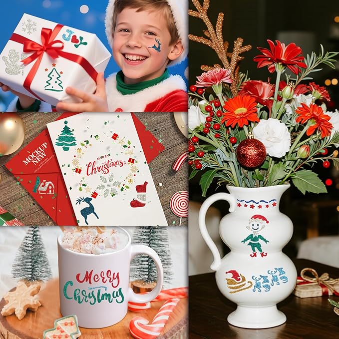 158 PCS Christmas Temporary Tattoo Stencils for Kids, Face and Body Paint Stencils Kit, Girl Boy Glitter Xmas Santa Tattoos Stencils Pack for Christmas Kids School Show Birthdays Party Favor Supplies
