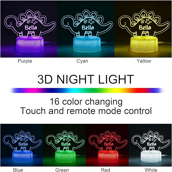 Personalized Baby Gifts Dinosaur Night Light for Boys Girls, Custom Name LED Lamp, Remote Control, Adapter, 16 Colors USB Charging, Baby Shower Christmas Gifts, Children's Room Nursery Decor