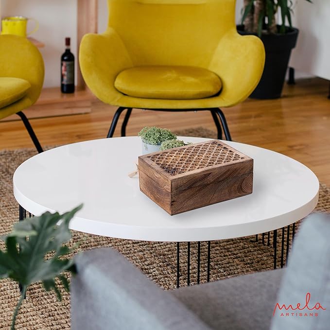 Mela Artisans Wooden Keepsake Box | Medium Burnt Mango Wood Memory & Photo Storage Box with Hinged Lid | Decorative Storage Box | Extra Large | 10.5x7.5x4 Inch