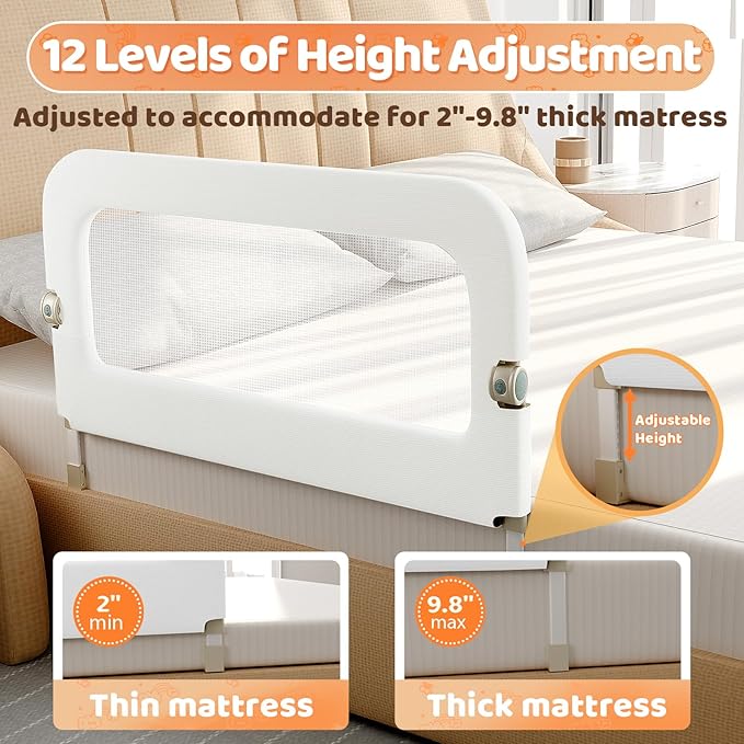Bed Guard Rail for Toddlers - 47inch Foldable & Adjustable Height Baby Bed Safety Side Rails - Large Toddler Crib Railing Guard for Twin, Bunk, Full Size, Queen & King, Full Size Bed