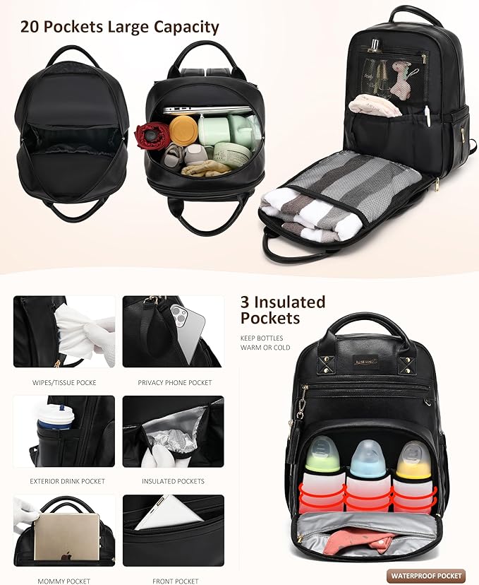 Premium Vegan Leather Diaper Bag Backpack with Waterproof Changing Pad, Reinforced Zippers & Odor-Free, 20 Pockets Pro Organizer, Fits 15.6" Laptop, Stroller Straps, Baby Bag for Mom, Black