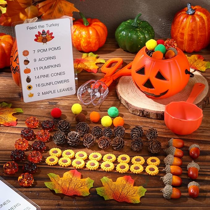 149 Pcs Thanksgiving Sensory Bin Filler Fall Sensory Bin Items Table Skills Set Include Cognitive Cards Acorn Maple Leaf Sunflower Pinecone Pumpkin Decor for Sorting Counting Training