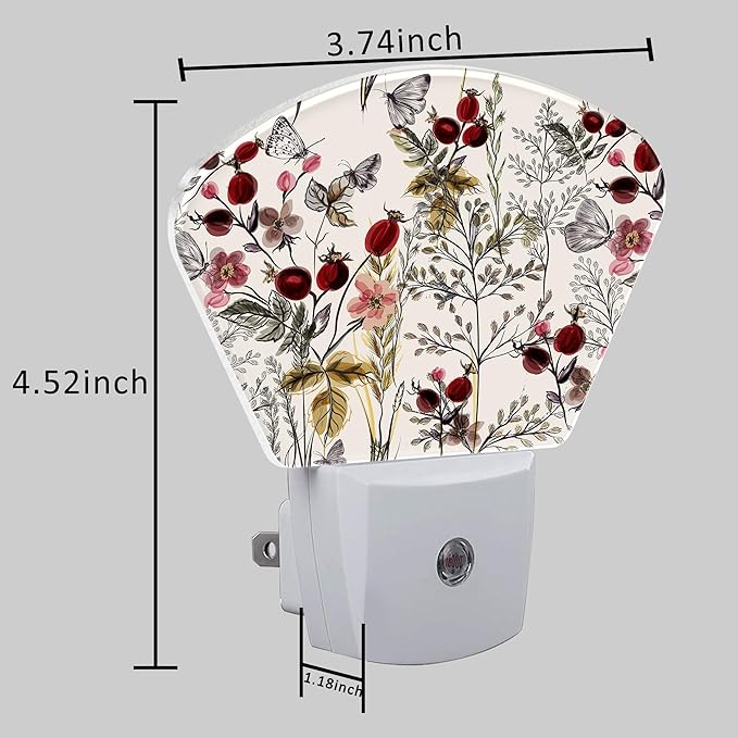 Butterfly Plug in Night Lights, Vintage Flowers Plants Nightlight Plug Into Wall Dusk to Dawn Sensor for Kid Girls Boys Women Men Bedroom, Hallway, Kitchen, Bathroom, Stairs Decor