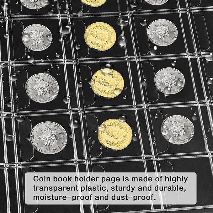 12 Sheets Coin Collection Supplies Pages, Collecting Book Album Protectors Sleeves with Standard 9 Hole for Coin Binder, Currency Holder Storage for Pennies, Quarters Stamp (42 Pocket per Sheet)