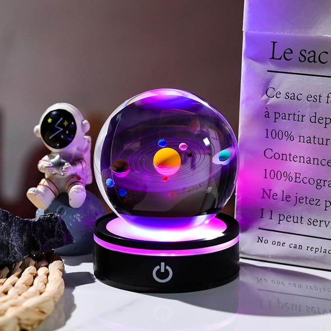 3d Solar System Model Crystal Ball Led Lamp Base - Space Decor World Globe Planets Sphere Night Light 80mm 3.15 Inch - Solar System Decor Best Birthday Astronomy Gifts For Men Physics Science Teacher