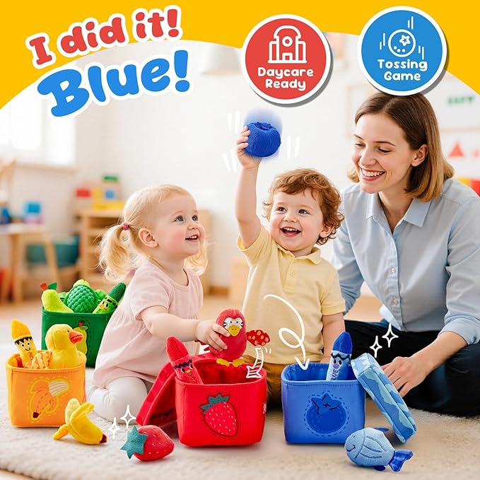 JoyCat Baby Toys 6-12 12-18 Months, Montessori Sensory Toys for 1 Year Old, 12 PCS Pushies with 4 Color Sorting Boxes, Animals Fruit Crinkle Crayon - Whats Inside Boy Girl