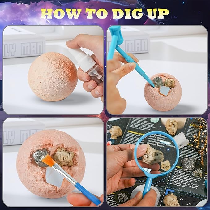 Hiawbon Gemstones Dig Kit, Dig up 6 Planets Find 12 Skulls & 18 Gems Dig Kit, Gem Digging Kit, Planet Space Dig Kit for Christmas Birthday Gifts