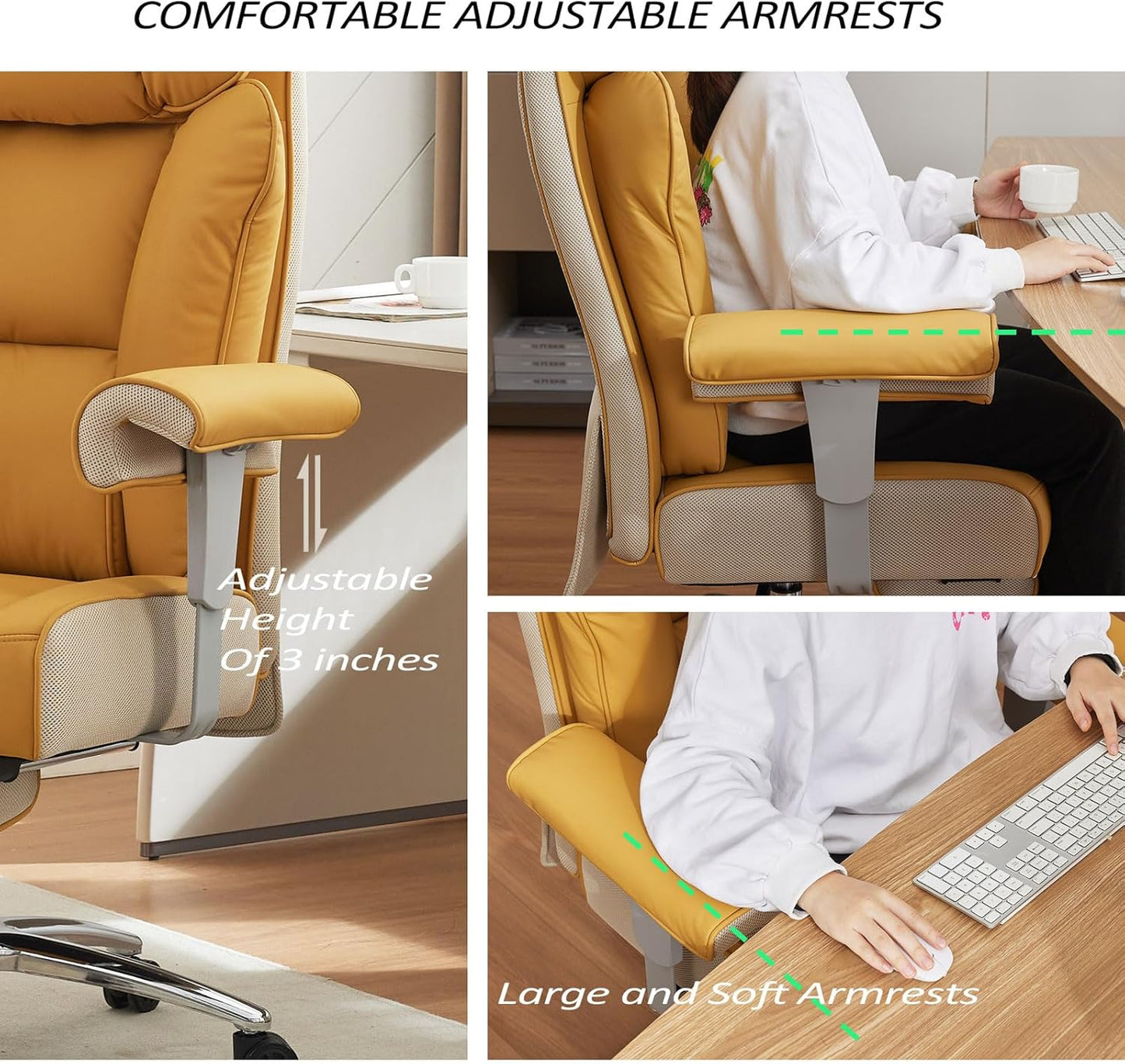 Efomao Big and Tall Green Office Chair 450LBS – Ergonomic High-Back Executive Chair with Footrest, Adjustable Padded Armrests, PU Leather Computer Chair with Lumbar Support for Home or Office, Yellow