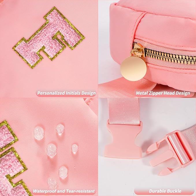 Mini Belt Bag Fanny Pack with Initials Letter Patch Small Crossbody Bags Cute Stuff Birthday Gifts for Teenager Girls Trendy Stuff for Teens - Initial F,Peach