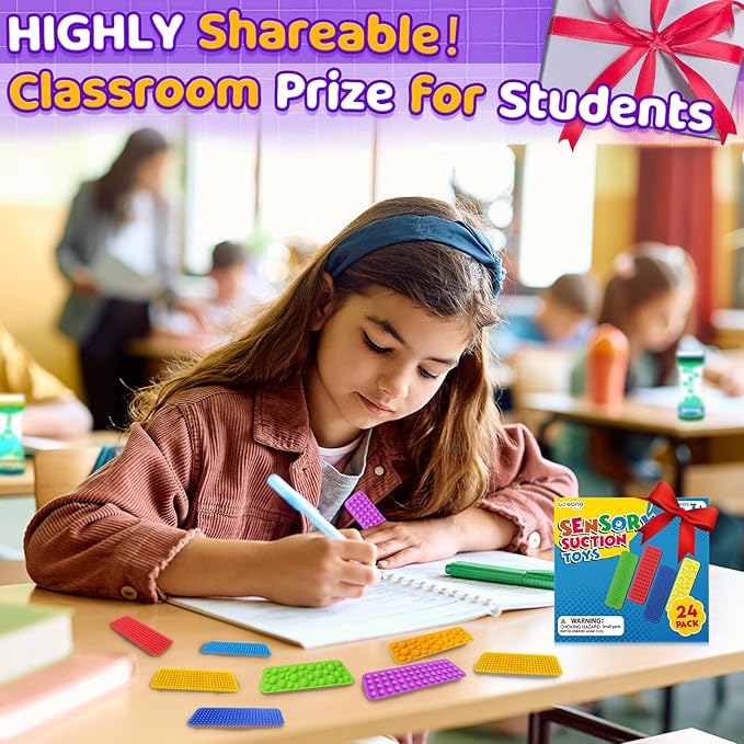 Sensory Fidget Toys Kids Adults: 24 Pack Textured Suction Toys for Autism Kids Calming - Sensory Stickers for Anxiety Relief - Fidget Strips for Classroom Desk - Gifts Christmas Stocking Stuffers