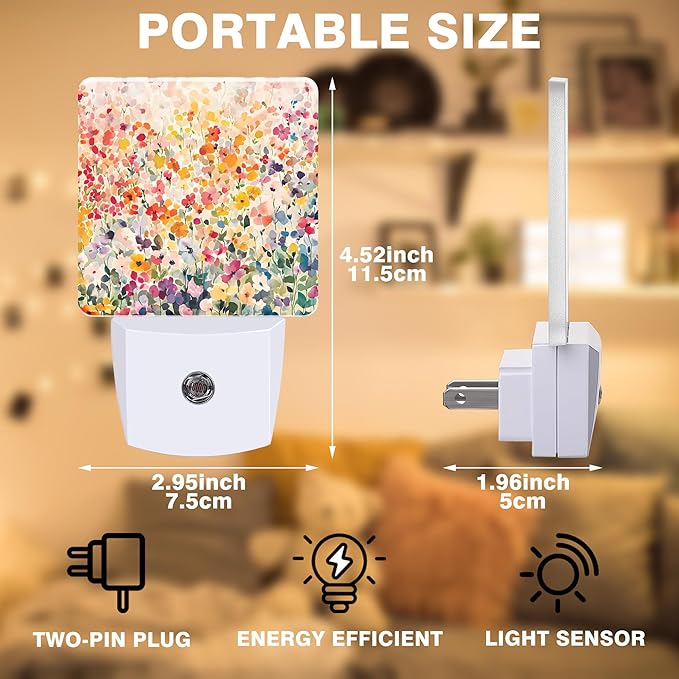 Colorful Flowers Night Light, Watercolor Floral Plug-in Nightlight with Dusk to Dawn Auto Sensor for Home Bedroom Hallway Kitchen 0.5W Sleep Friendly Led Lamp for Women Men