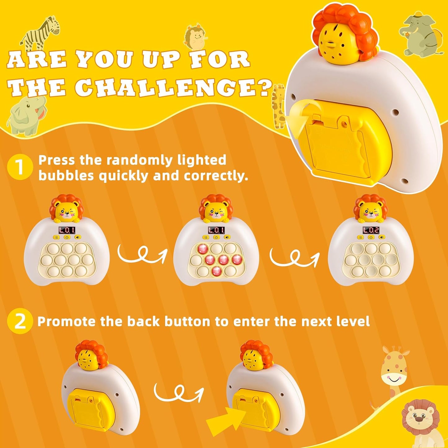 Upgraded Quick Push Game Pop Bubble Up Toys for Kids, Funny Toys with LED Screen for Kids 3-12 for Boys and Girls Bubble Stress,Handheld Puzzle Game Sensory Toys(Batteries Included)(Lion)