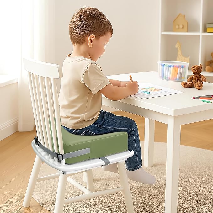 Toddler Booster Seat for Dining Table, 2 Elastic Seat Belts,Anti Scratch PU Skin-Friendly, Waterproof,Anti-Wrinkle, Detachable Non-Slip Bottom - Green