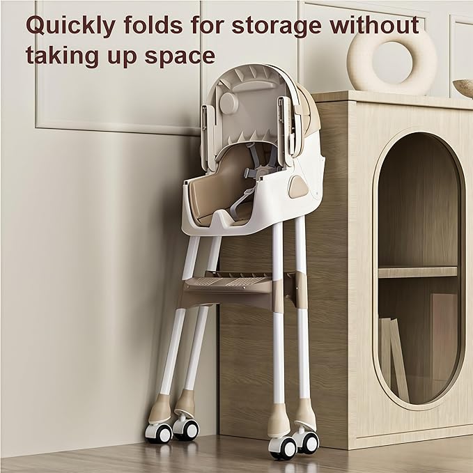 Nine point nine PU Leather High Chairs with Rocking Mode, High Chair for Babies and Toddlers, Adjustable and Easy to Fold Highchair, Highchairs with Double Tray (Khaki)