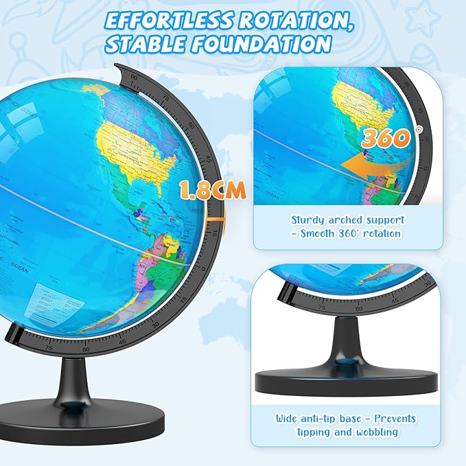 13" Globe for Children & Adults, Interactive World Globe for Kids with Stable Heavy Metal Base, HD Waterproof & Writable Surface, Educational STEM Learning Toy, Classroom Teaching Gift