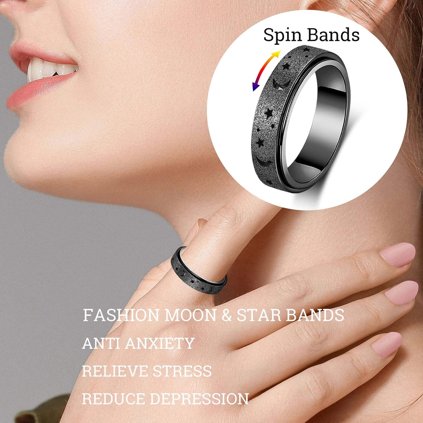 Anxiety Ring for Women Spinner Ring Fidget Ring Fidget Toys Adults Spinner Thumb Ring Anxiety Fidget Rings for Women Stainless Steel Anxiety Fidget Ring Men(Moon Star-Black, 10)