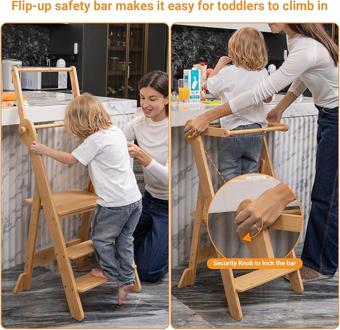 COSYLAND Foldable Toddler Standing Tower - Adjustable Height Folding Step Stool Kids Toddler Kitchen Stool Helper for Learning and Cooking - Ages 18 Months to 6 Years with Safety net Natural