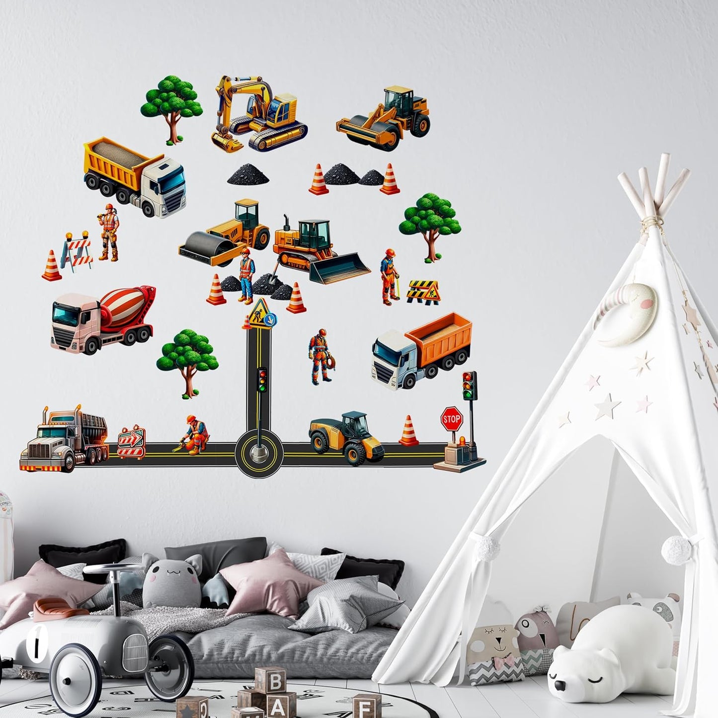 Construction Car Wall Decals for Boys by Lipastick - Road, Trucks, Tractors, Excavators Wall Stickers for Kids Bedroom, Nursery, Playroom - Peel and Stick Transport Themed Wall Decals - L Size