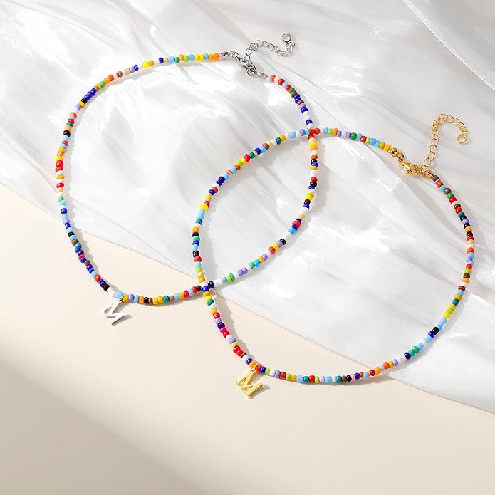 Yoosteel Colorful Beaded Initial Necklaces for Girls Gifts - Cute Initial Necklaces for Girls Kids Jewelry A-Z Letter Choker Necklace for Women Birthday Gifts for Teens Daughter Niece Granddaughter